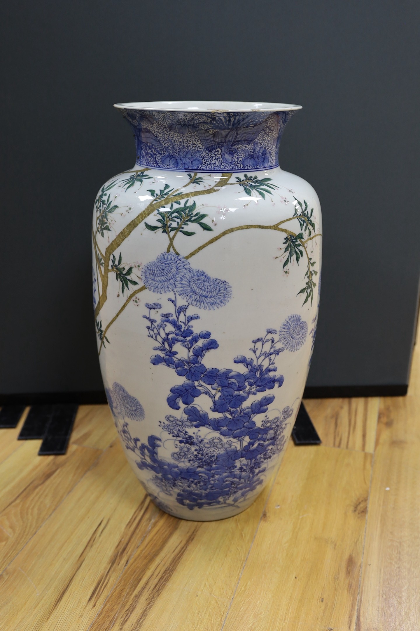 A massive Japanese underglaze blue and enamelled vase, Meiji period, 62cm